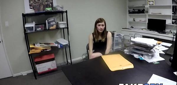  Young babe swallows future boss cum after POV banging